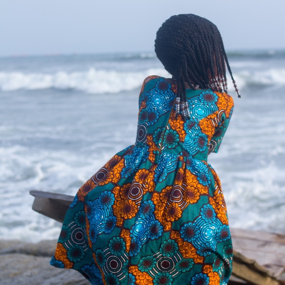 African Girl's Blue Ankara Print Dress - Picture 4 of 5